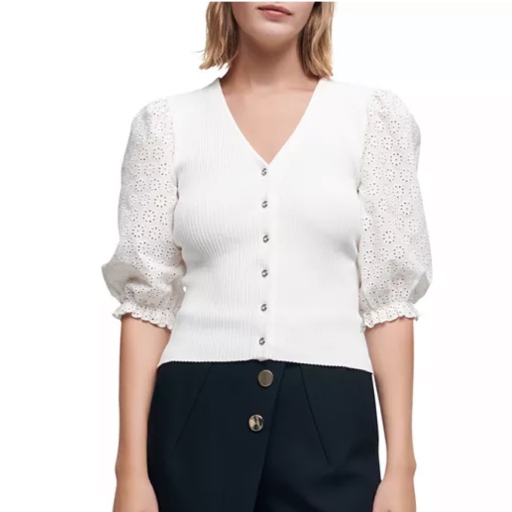 NWT Maje Mopline Mixed Media Eyelet Sleeve Top (Size 1)